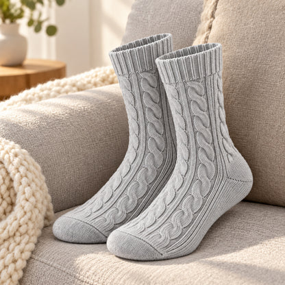 Climmatee Gray Cable Knit-Look Warm Socks with Ribbed Cuff Design