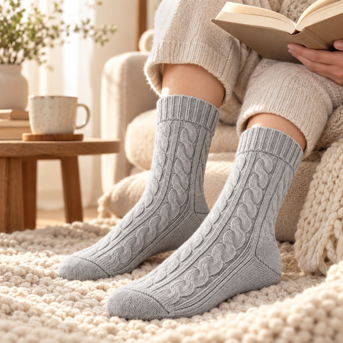 Climmatee Gray Cable Knit-Look Warm Socks with Ribbed Cuff Design