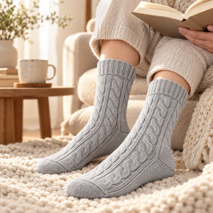 Climmatee Gray Cable Knit-Look Warm Socks with Ribbed Cuff Design