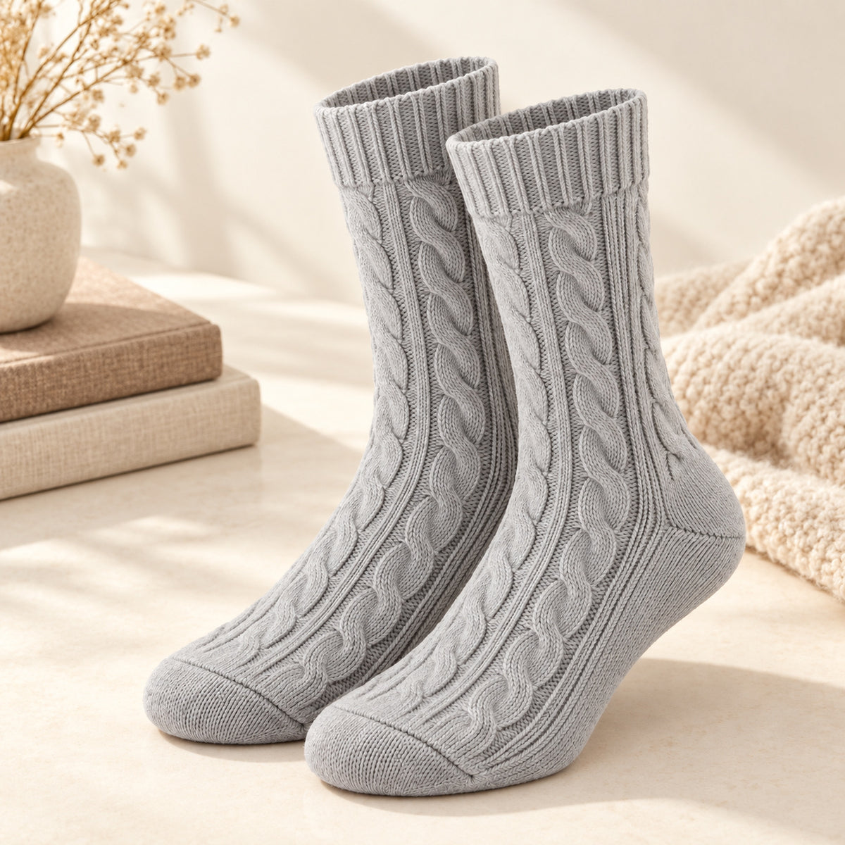 Climmatee Gray Cable Knit-Look Warm Socks with Ribbed Cuff Design
